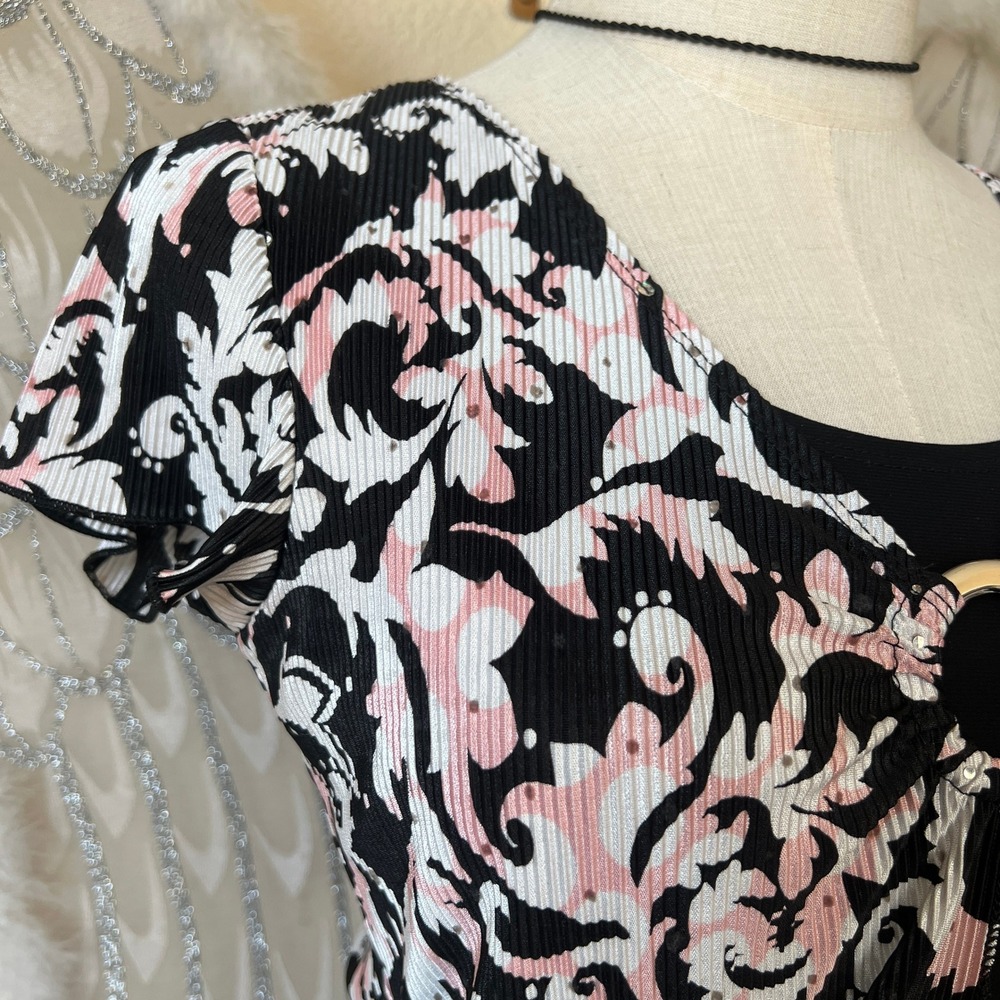 Y2K Coquette Twee Black Floral Top‎ D-ring Cap Sleeve Sleeve Black Pink Layered - Picture 2 of 7